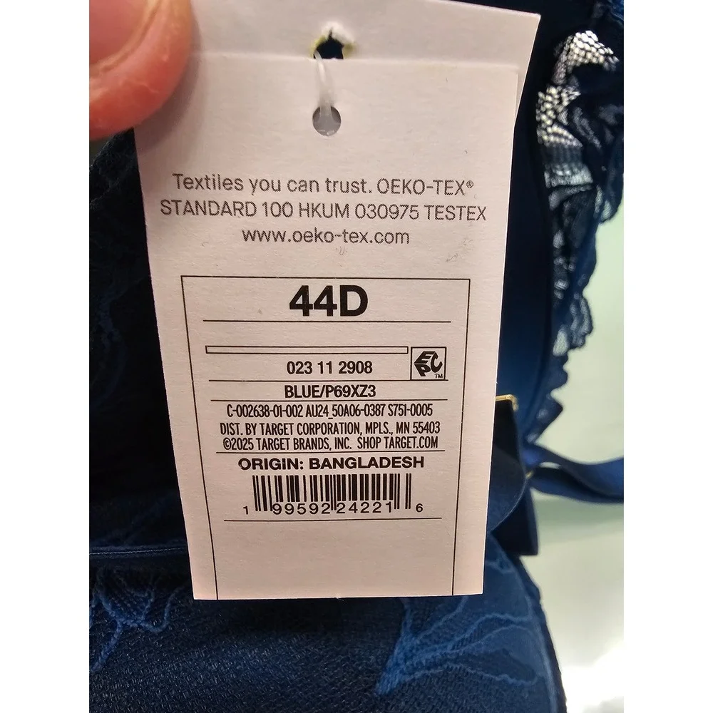 Auden Womens Lace Front Close Push Up Plunge Bra Blue Nylon Blend Size 44D